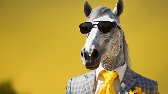 Horse dressed in businessmans suit and sunglasses. Humorous image