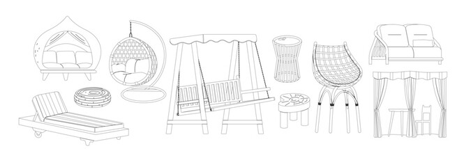 Garden Furniture Isolated Outline Monochrome Vector Icons Set. Backyard Elements, Summer Terrace And Patio Items