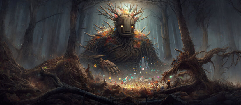 Spriggan in a dying forest, one last story of old, digital illustration