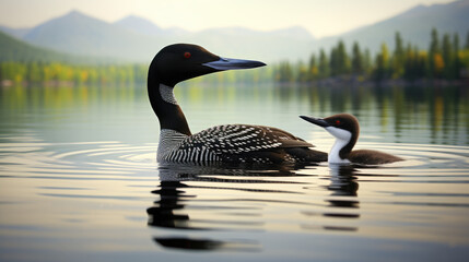 Male and female loons with young loon swimming on a calm lake, loon family, macro portrait...