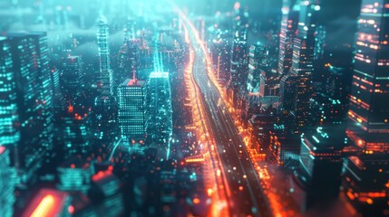 Glowing Cityscape With Neon Lights and Buildings
