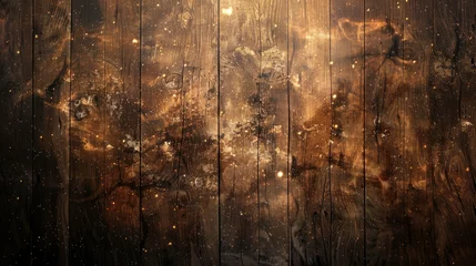 Foto op Plexiglas Warm rustic wooden surface illuminated by a cosmic golden glow, blending terrestrial elements with a starry night, Concept of nature meets fantasy © NicotineLens #72