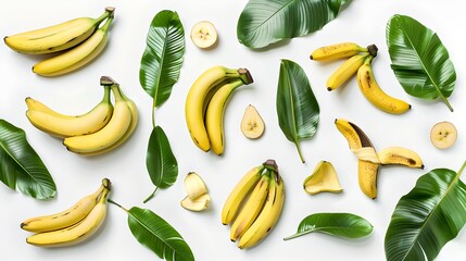 Bright and Fresh Bananas Arranged with Green Leaves on a Light Background. Minimalistic Food Concept That Pops. AI