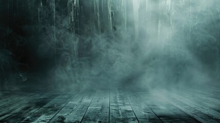 Eerie blue mist over a wooden floor, creating a hauntingly beautiful atmosphere of a mysterious landscape, Concept of suspense and fantasy