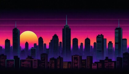 digital painting A retro sunset cityscape with sil