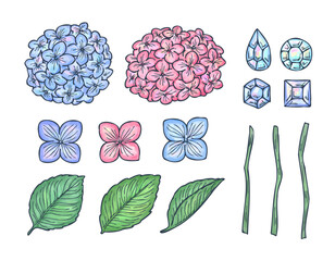 紫陽花と宝石の水彩風線ありパーツイラストセット