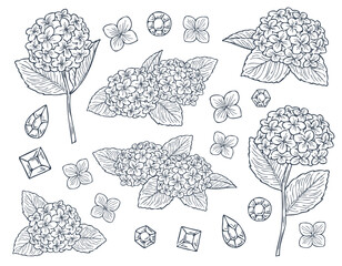 紫陽花と宝石の白塗り線画イラストセット