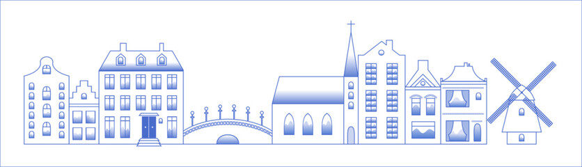 Modern looking line style vector of old buildings in "delfts blauw" or Delfts Blue as in a dutch tradition