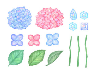 紫陽花と宝石の水彩風パーツイラストセット