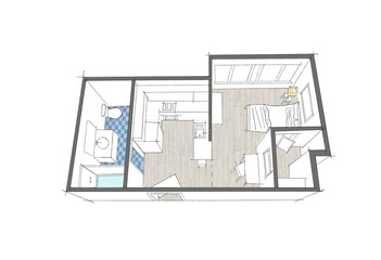 Apartment flat top view 3d render apartment floor plan 3D Floor plan of a home Modern home interior	