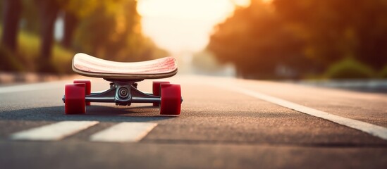 Skateboard with wood deck and rolling wheel on asphalt road at sunset