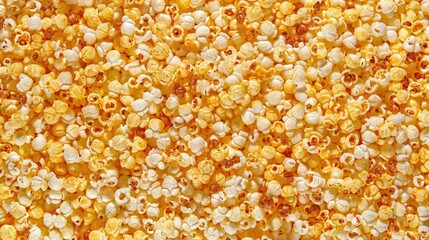 Full frame of golden popcorn kernels, illustrating the universal appeal of this classic snack - obrazy, fototapety, plakaty