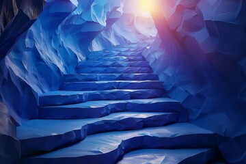 Success path on a blue background. Staircase up in a futuristic polygonal style. Abstract modern illustration of a path to success