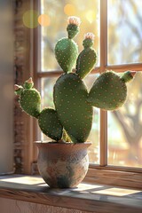 The cactus is in bloom. Ceramic pot. Wooden window and window sill. Close-up. Colorful cactus in bloom brings life to the ceramic pot, creating a stunning display.