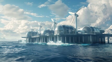 Futuristic oil drilling building in the sea - obrazy, fototapety, plakaty