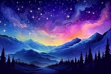 Fototapete Violett Hand drawn artistic beautiful night sky landscape oil painting style