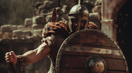 realistic Gladiator is fighting with sword and shield on arena fight