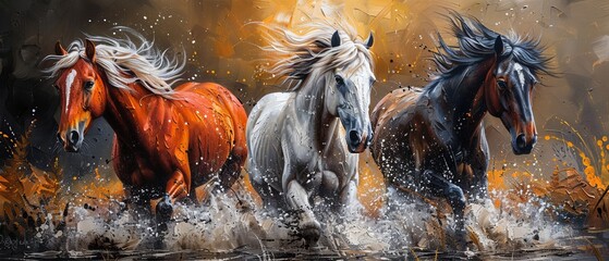 A modern painting, abstract, with metal elements, a texture background, animals, horses, etc....