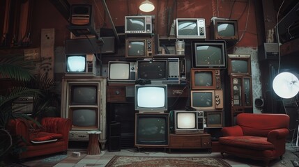 smaller retro vintage television screens on wall - obrazy, fototapety, plakaty
