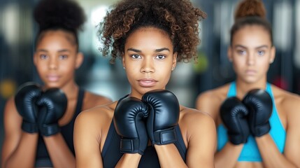 Women in gym with boxing gloves, showing off muscles and fun expressions - obrazy, fototapety, plakaty