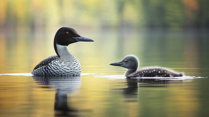 Male and female loons with young loon swimming on a calm lake, loon family, macro portrait photography.