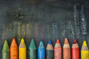  Colorful Crayons Against Blackboard with Chalk Drawings
