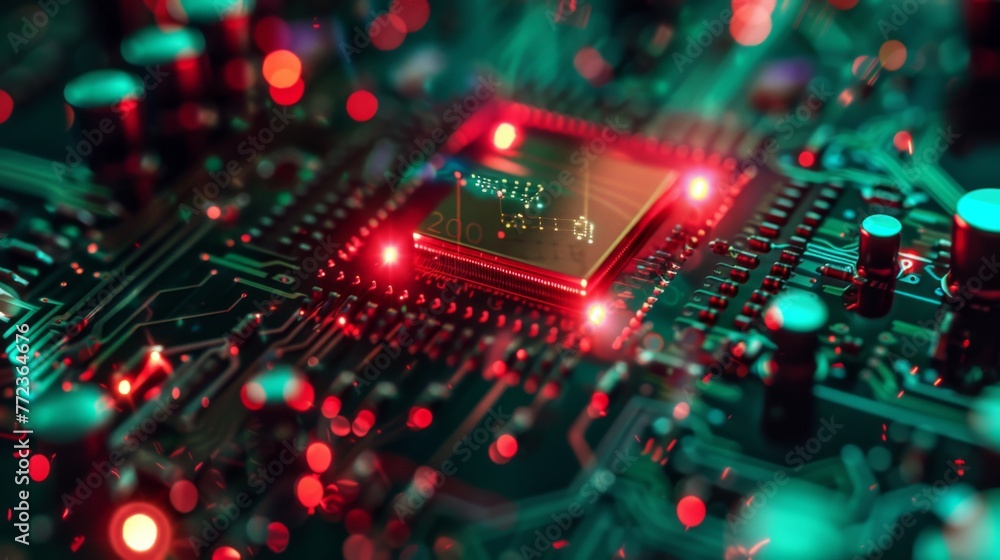 Poster close-up of circuit board with red and green lights