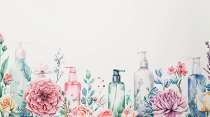 watercolor bottles for household chemicals, green plants and flowers background with copy space in the center - obrazy, fototapety, plakaty