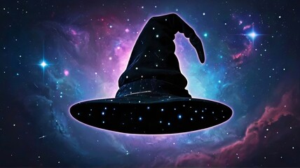 Cosmic witch hat with galaxy texture. Magical sorcerer hat in space theme. Halloween Party Hat. Concept of fantasy, magic, cosmos, witchcraft, and mystery. - obrazy, fototapety, plakaty