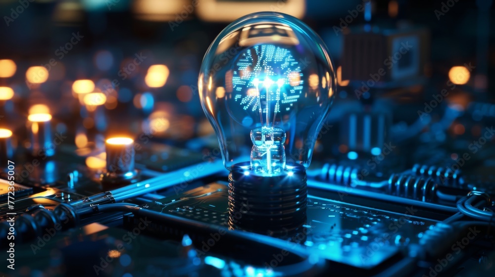 Poster light bulb on computer motherboard