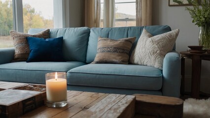 living room with sofa,A blue couch with lots of pillows and a candle on the table.Panoramic Blue Modern Living Room