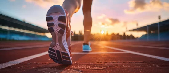 Poster Im Rahmen closeup running shoe of athletic runner training © pector