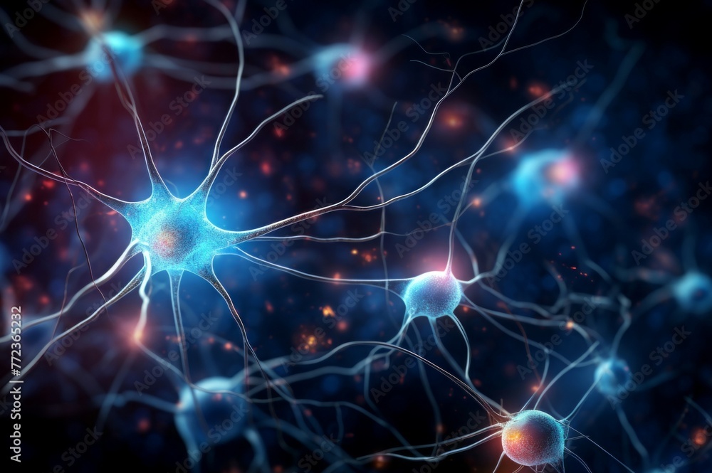 Poster illustrative single neuron synapses scheme board. network system cell science mind. generate ai