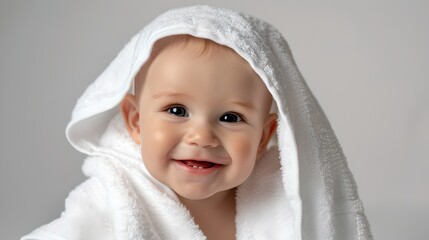 Adorable Smiling Baby Wrapped in Soft White Towel, Innocence and Purity Concept, Ideal for Parenting and Health-Related Content. AI