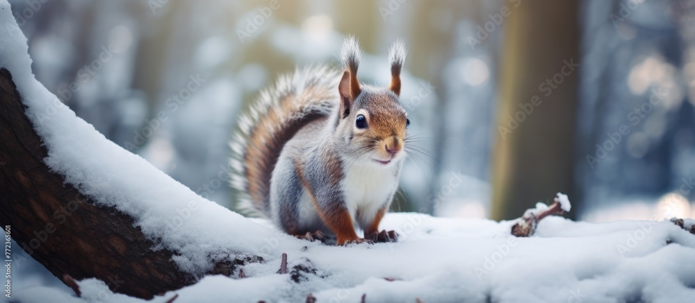 Poster A rodent with whiskers and a fluffy tail sits on a snowy tree branch in winter