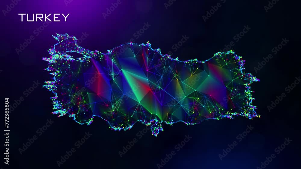 Poster futuristic motion reveal turkey map polygonal blue purple colorful connected lines and dots network 