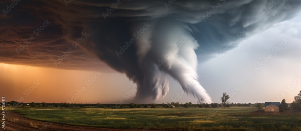 Poster a man faces a massive tornado in an open field under a cloudy sky