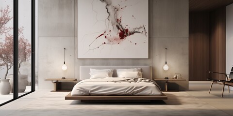 Serene simplicity meets artistic flair in a minimalist bedroom featuring a captivating back arts wall design.