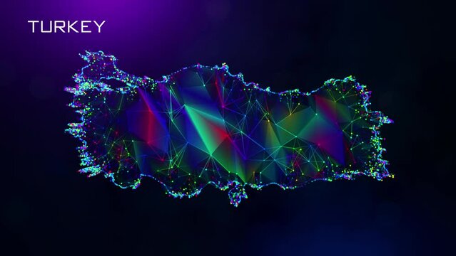 Futuristic Motion Reveal Turkey Map Polygonal Blue Purple Colorful Connected Lines And Dots Network Wireframe With Text On Hazy Flare Bokeh Background, Last 10 Seconds Seamless Loop