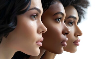 Obraz premium Diverse Beauty Profile Views. Three Women of Different Ethnicities Together. Celebrating Multiculturalism and Inclusion. Ideal for Social Concepts. Professional Photographic Style. AI