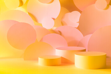 Abstract stage for presentation skin care products - three round podiums mockup in yellow, pink neon gradient light, bubbles fly as decor. Template for gifts, advertising in vaporwave, hipster style.