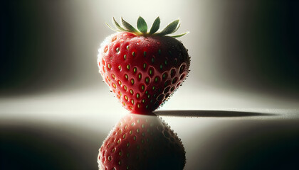 close up of a fresh strawberry on a reflecting surface