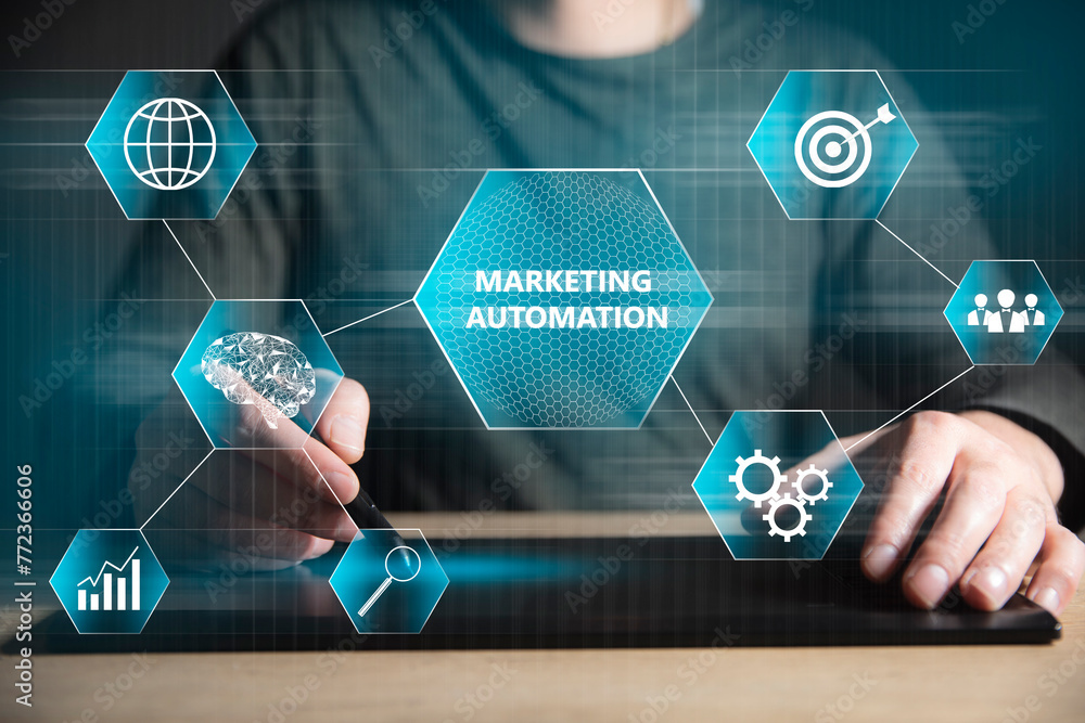 Poster marketing automation and icons on virtual screen.