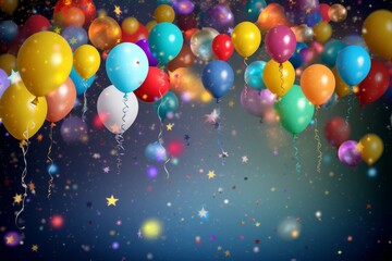 A world of colorful balloons and confetti creating a festive atmosphere on a midnight blue background. The artful display includes graphics and circles, evoking a sense of celebration and joy