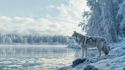 A lone wolf stands on a snowy riverbank, looking out at a frozen lake surrounded