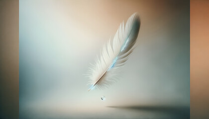 Elegant feather drifting down towards the bottom left corner of a muted, pastel background,