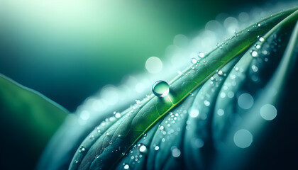 Macro photography of a dewdrop on a green leaf, placed in the top right corner of the frame, with a shallow depth of field  - obrazy, fototapety, plakaty