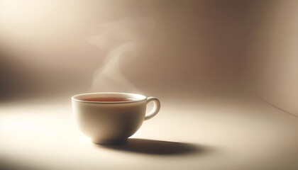 A porcelain teacup filled with steaming tea, placed in the lower right corner against a soft beige background, 
