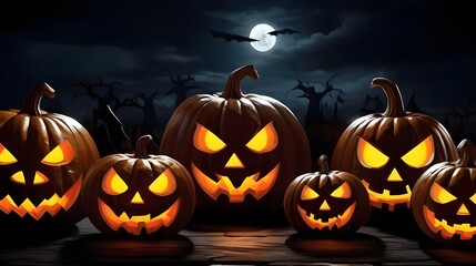 Illustration of glowing carved pumpkins with different evil faces in the dark at Halloween night. Generative AI