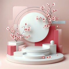 3D Pink Podium with Flowers and Pearls